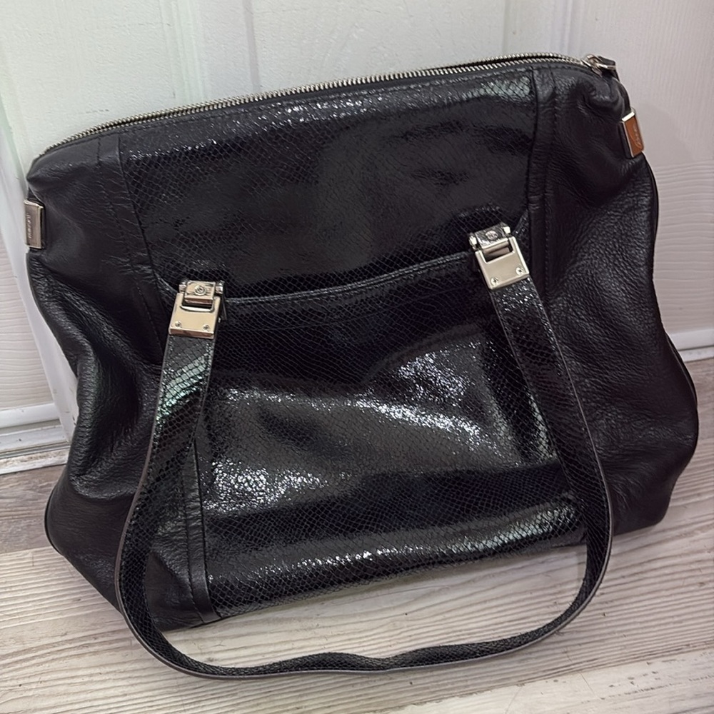 BMakowski Black Leather In Smooth And Reptile Texture Purse.